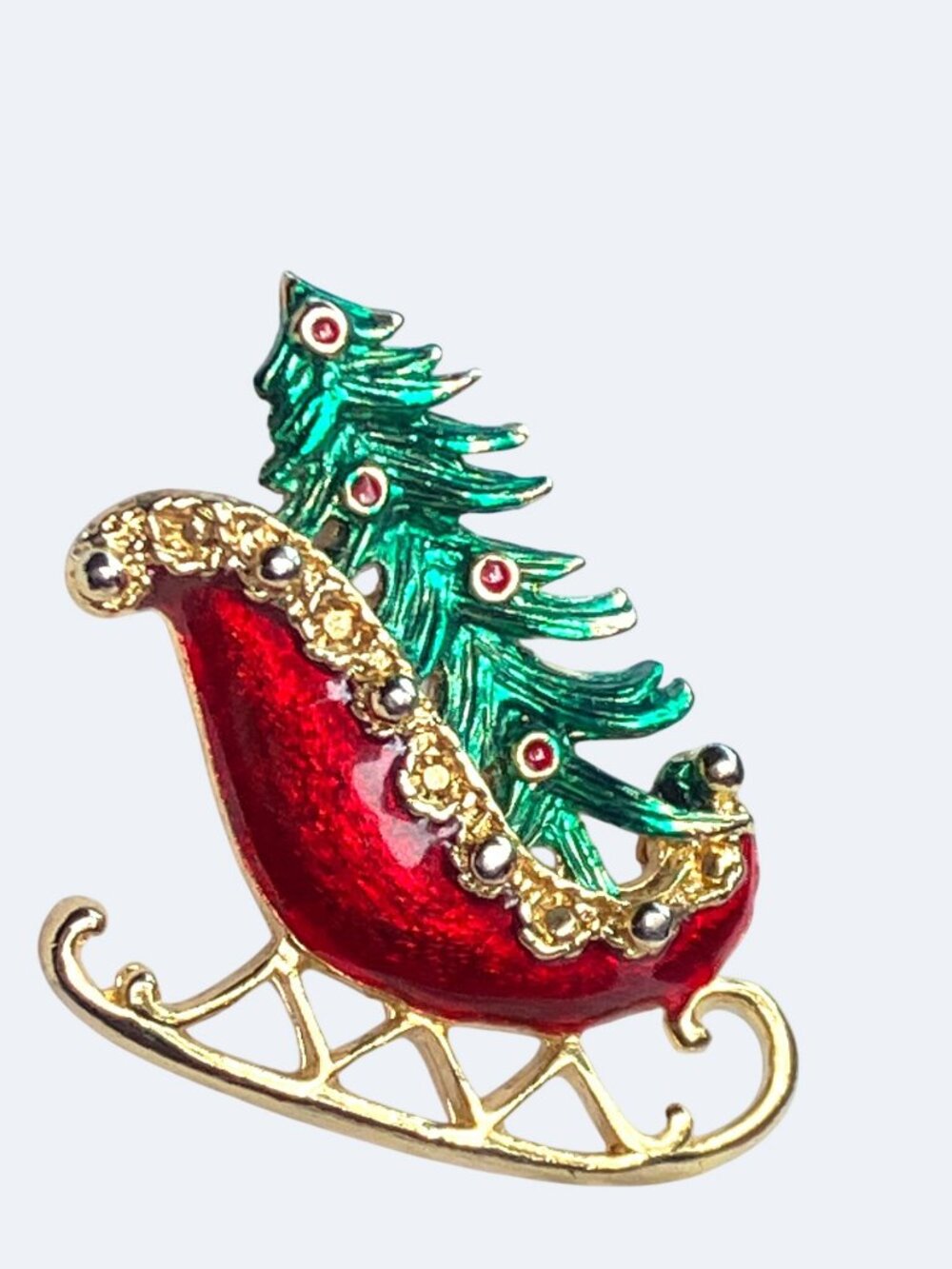 Christmas Sleigh Pin Brooch With Red Enamel Green Tree Design Christmas - Picture 4 of 11